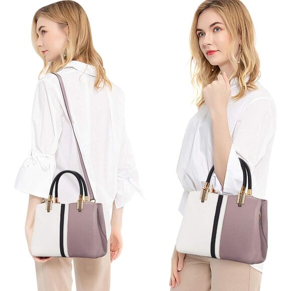 Top Handle Stitching Handbag for Women Girls Tote Satchel Purple Shoulder Bag - Picture 6 of 8